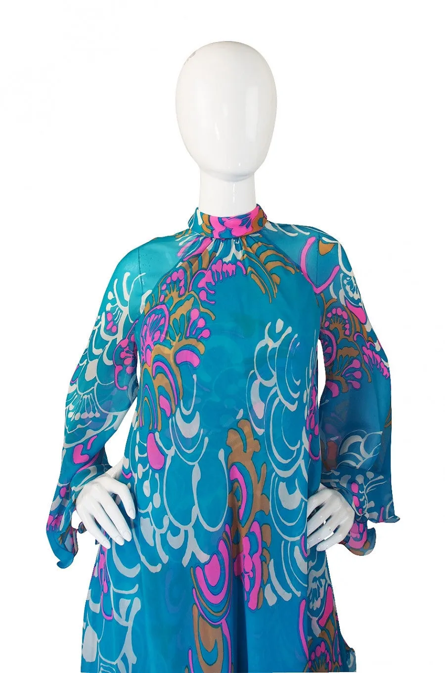 1970s Hanae Mori Flowing Turquoise Silk Chiffon Caftan Dress