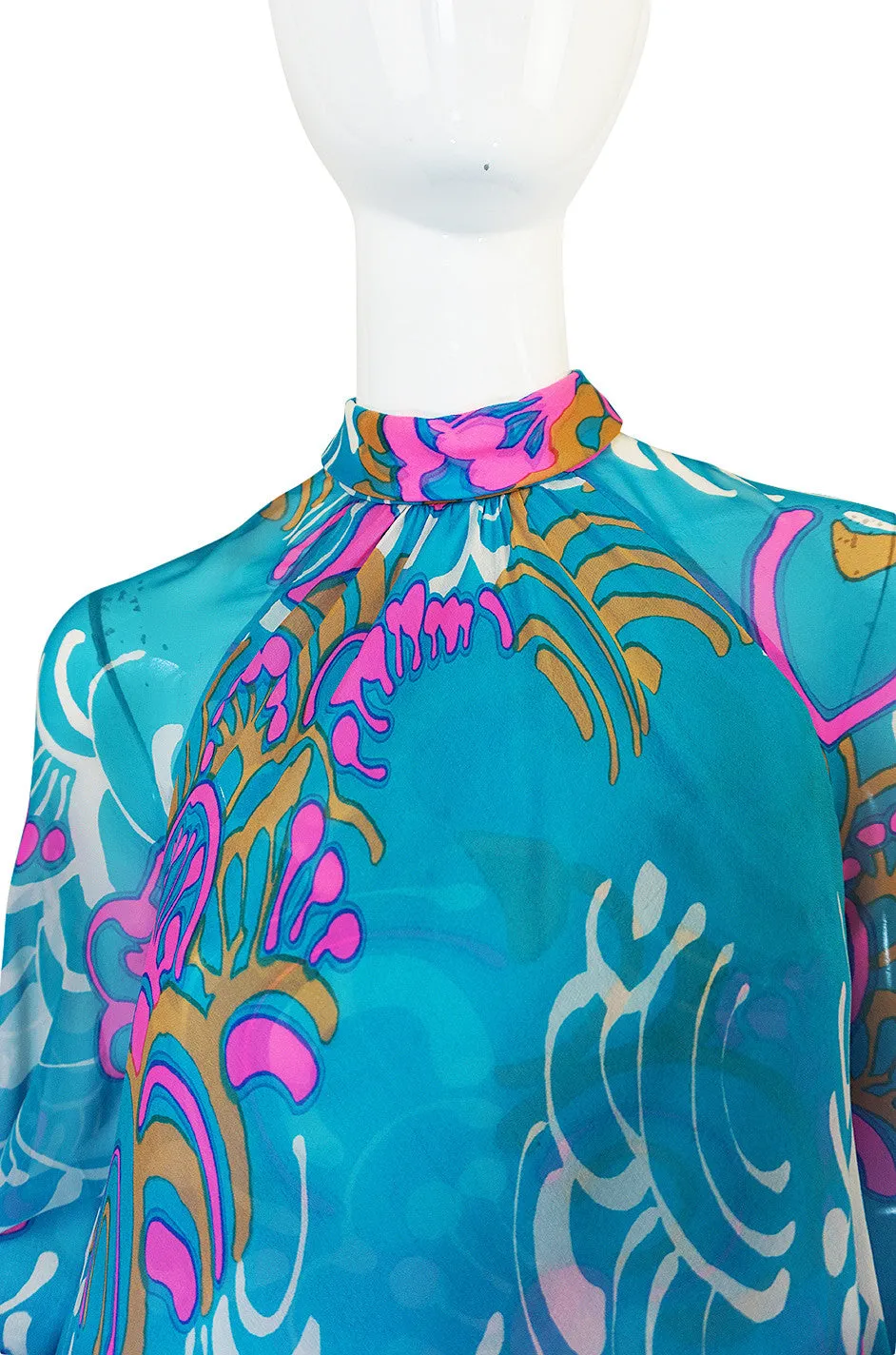 1970s Hanae Mori Flowing Turquoise Silk Chiffon Caftan Dress