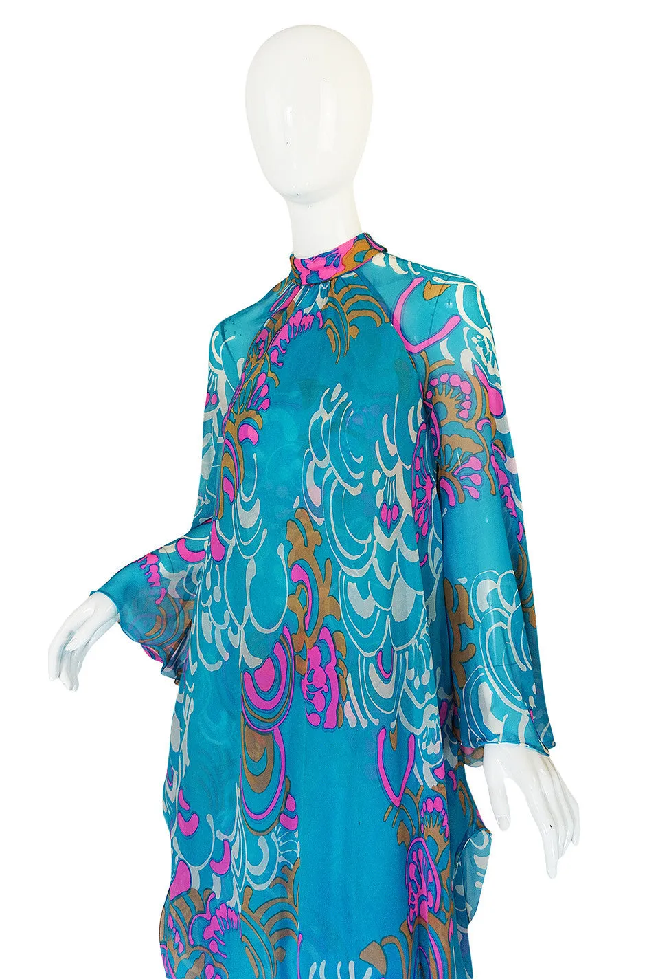 1970s Hanae Mori Flowing Turquoise Silk Chiffon Caftan Dress