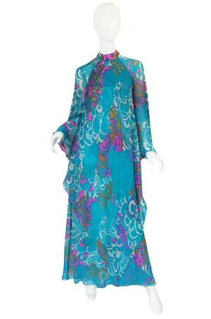 1970s Hanae Mori Flowing Turquoise Silk Chiffon Caftan Dress