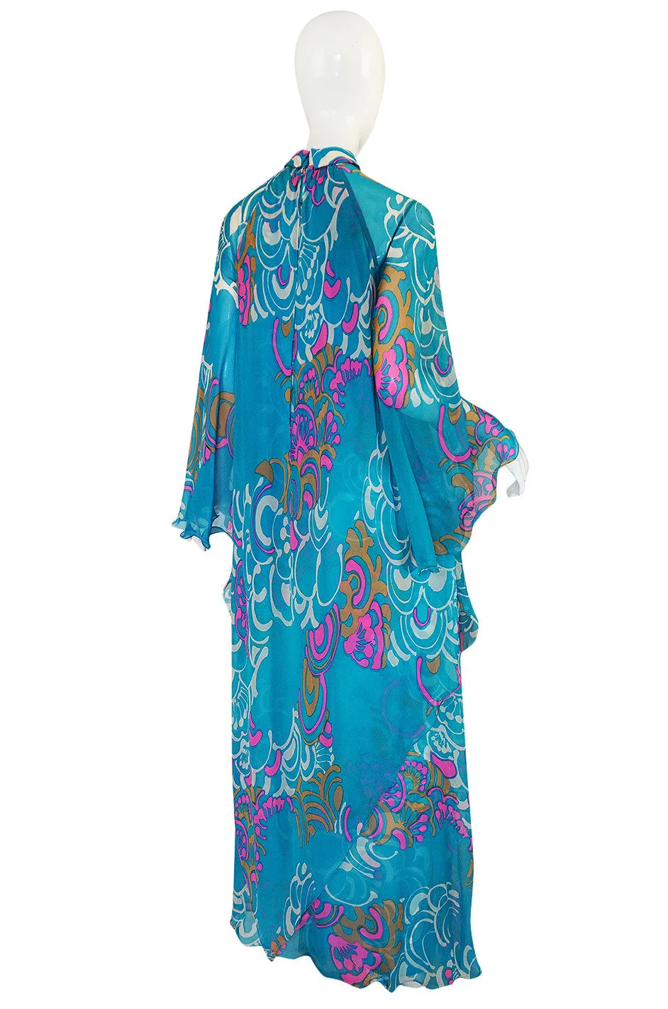 1970s Hanae Mori Flowing Turquoise Silk Chiffon Caftan Dress