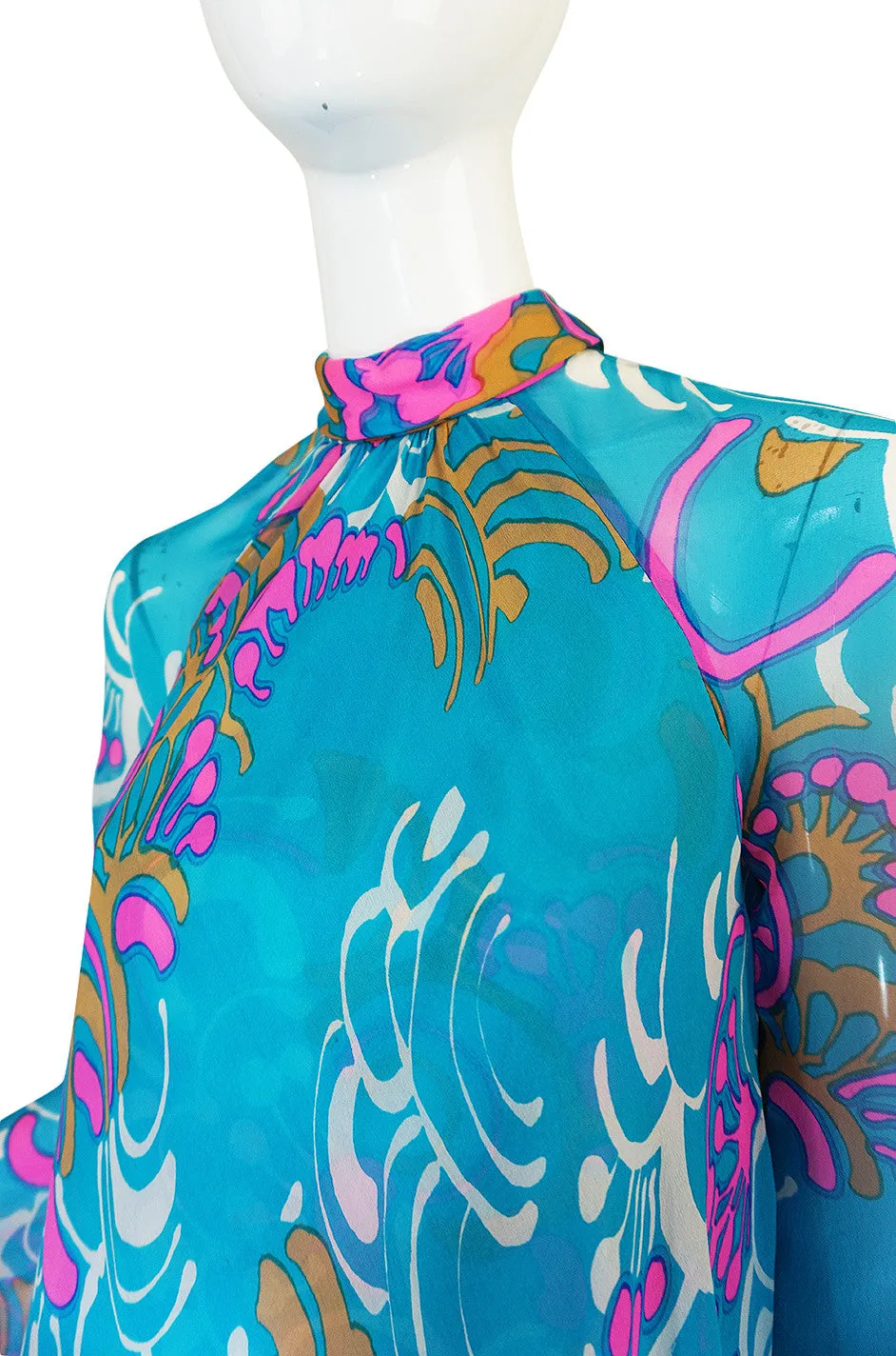 1970s Hanae Mori Flowing Turquoise Silk Chiffon Caftan Dress