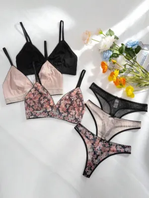 3pack Floral Lace Bra & Panty Lingerie Set Comfort Mesh