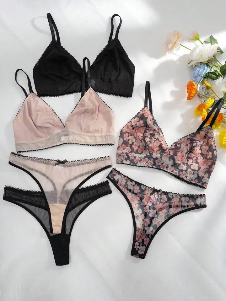 3pack Floral Lace Bra & Panty Lingerie Set Comfort Mesh