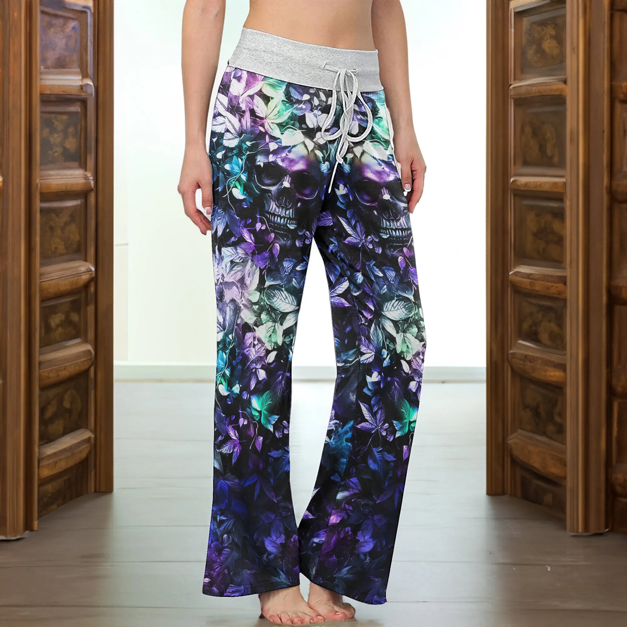 Abstract Skull Leaf Women's High-waisted Wide Leg Pants