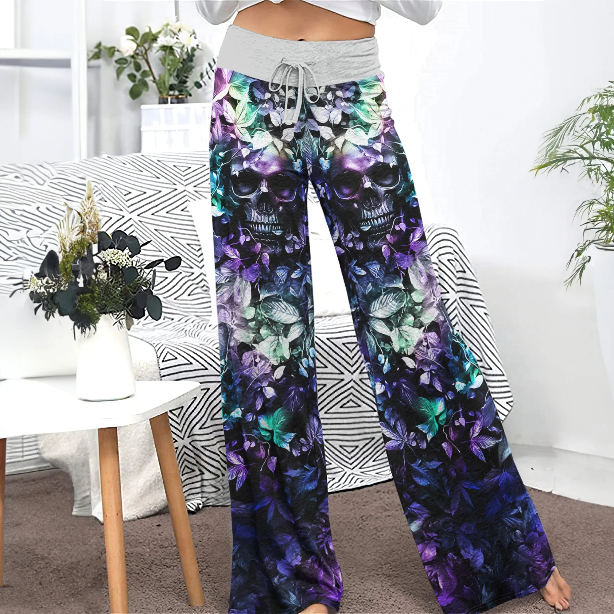 Abstract Skull Leaf Women's High-waisted Wide Leg Pants