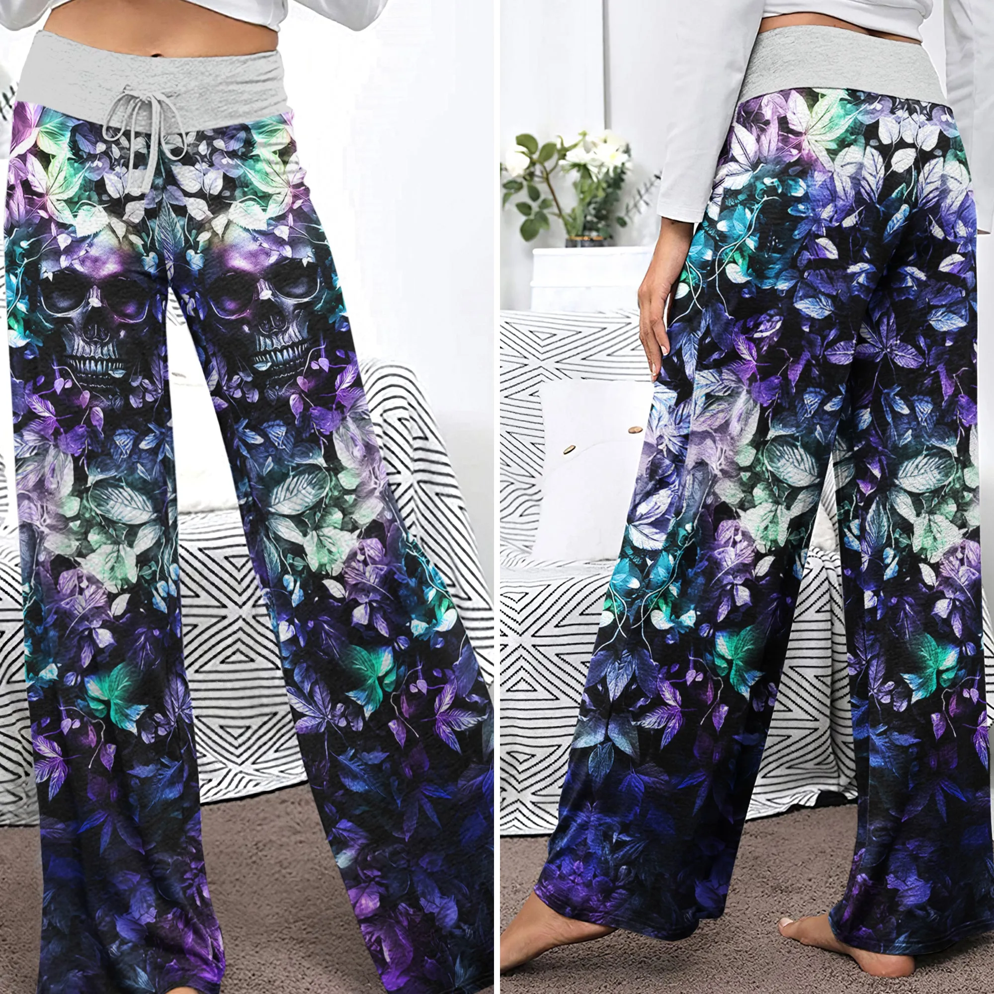 Abstract Skull Leaf Women's High-waisted Wide Leg Pants