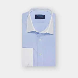 Classic Fit Plain Sky Blue End-On-End Cotton Shirt with Classic Collar & Double Cuff