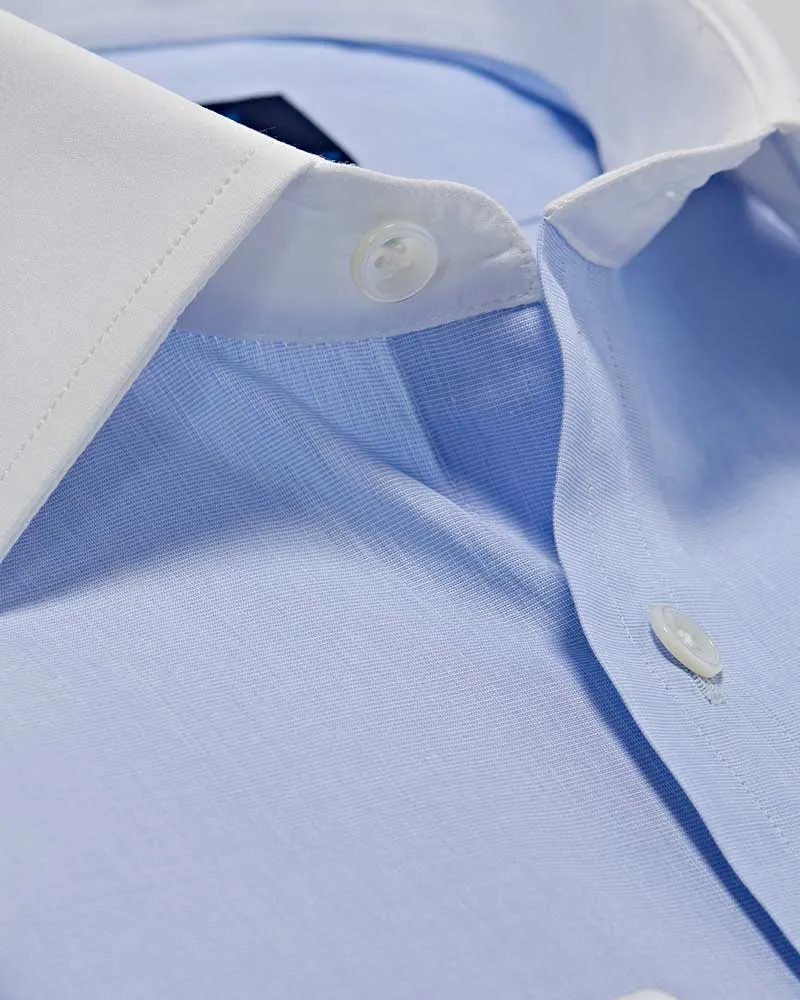 Classic Fit Plain Sky Blue End-On-End Cotton Shirt with Classic Collar & Double Cuff