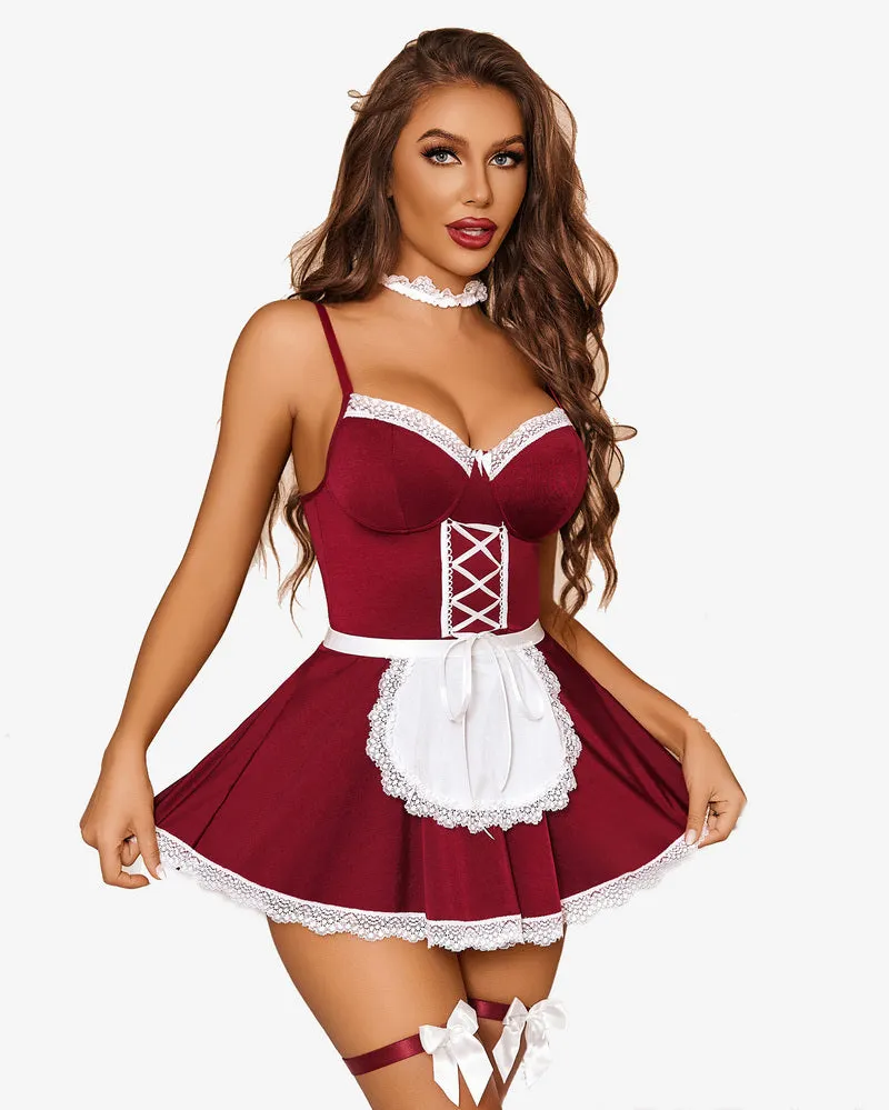 Contrast Lace Maid Lingerie Dress Sets (5Pcs)