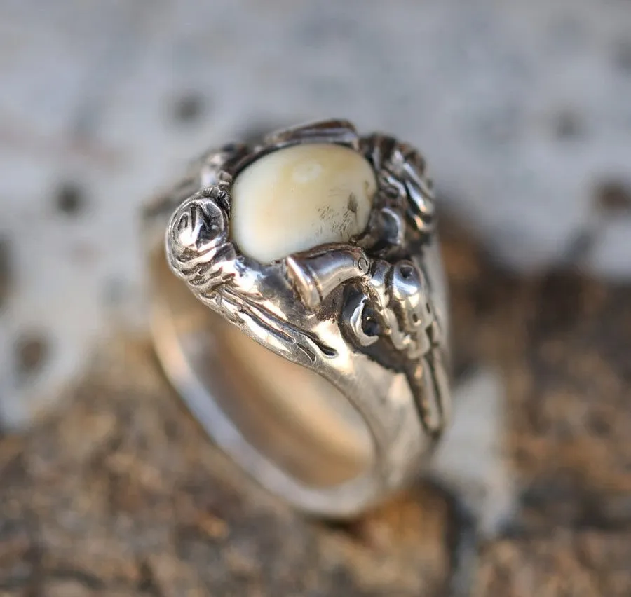 CUSTOM HAND-CARVED GUNS & ROSES RING DESIGN WITH ELK TOOTH