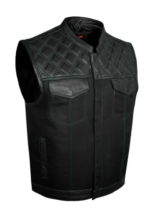 Dream Apparel Mens Black Club Vest Diamond Design Green Thread Leather & Denim