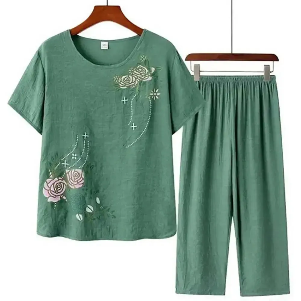 elderly women's clothing t-shirt mother suit loose large size cotton linen two-piece suit