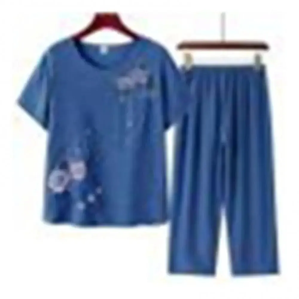 elderly women's clothing t-shirt mother suit loose large size cotton linen two-piece suit