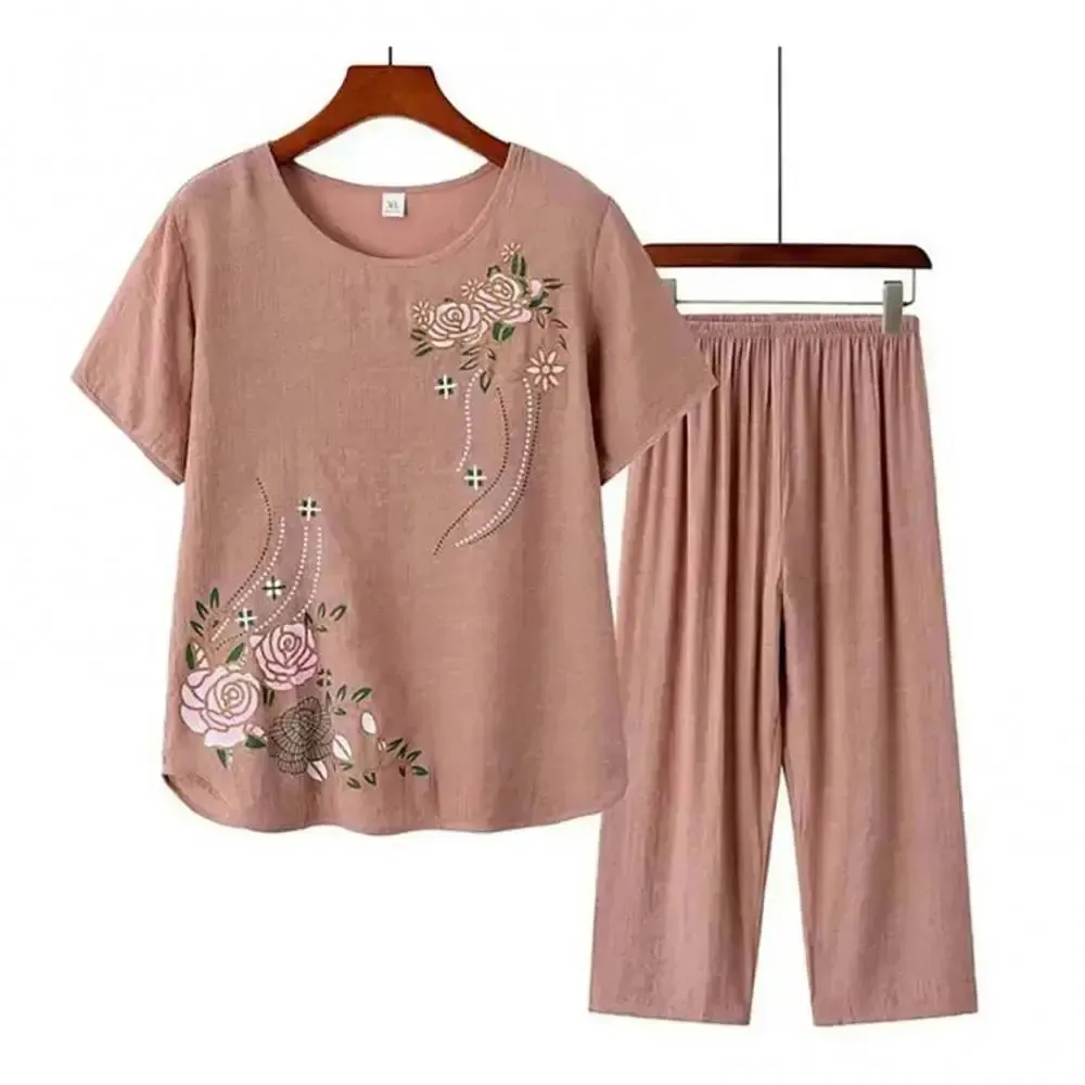 elderly women's clothing t-shirt mother suit loose large size cotton linen two-piece suit