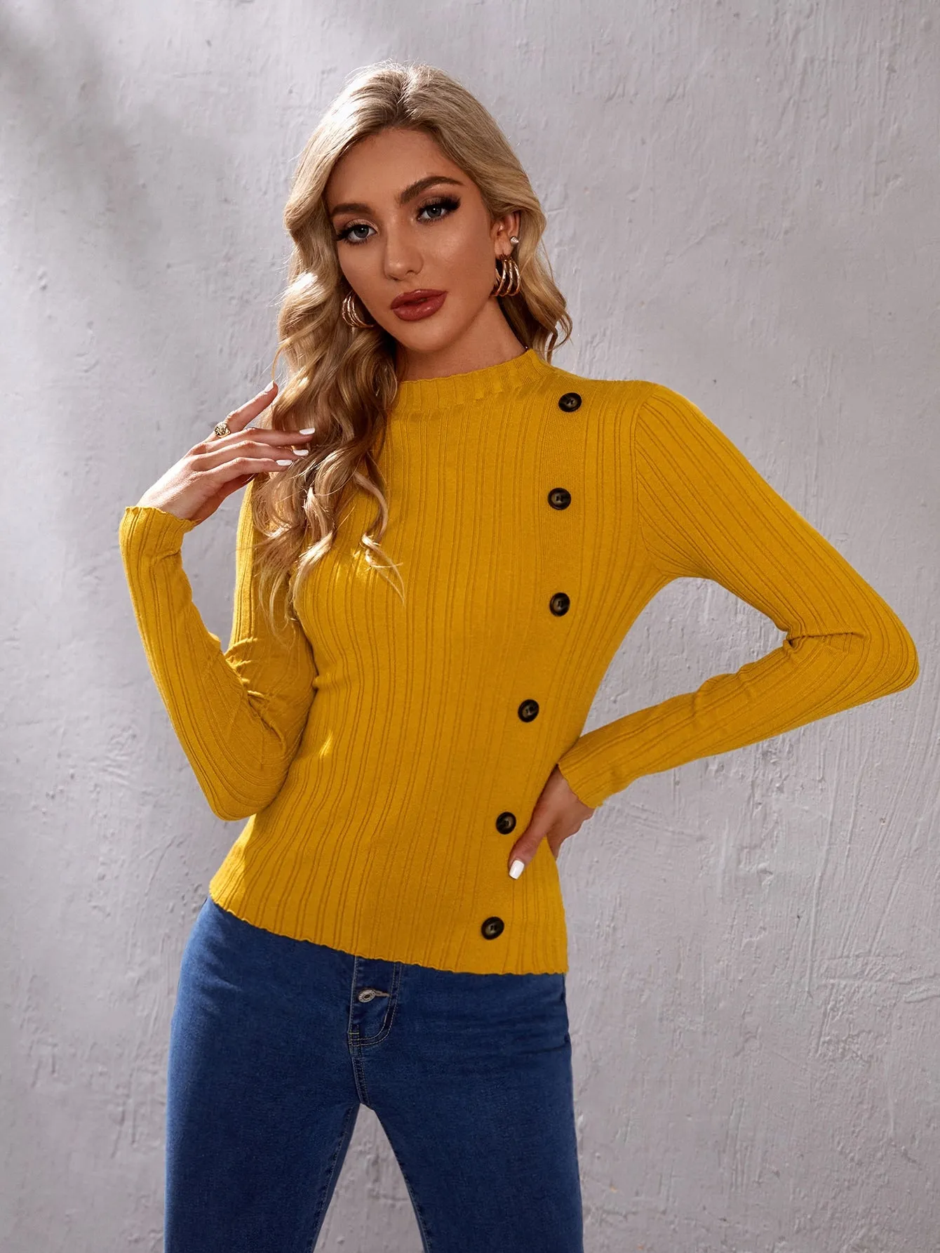 Elegant Plain Button Front Long Sleeve Stand Collar Regular Women Sweater