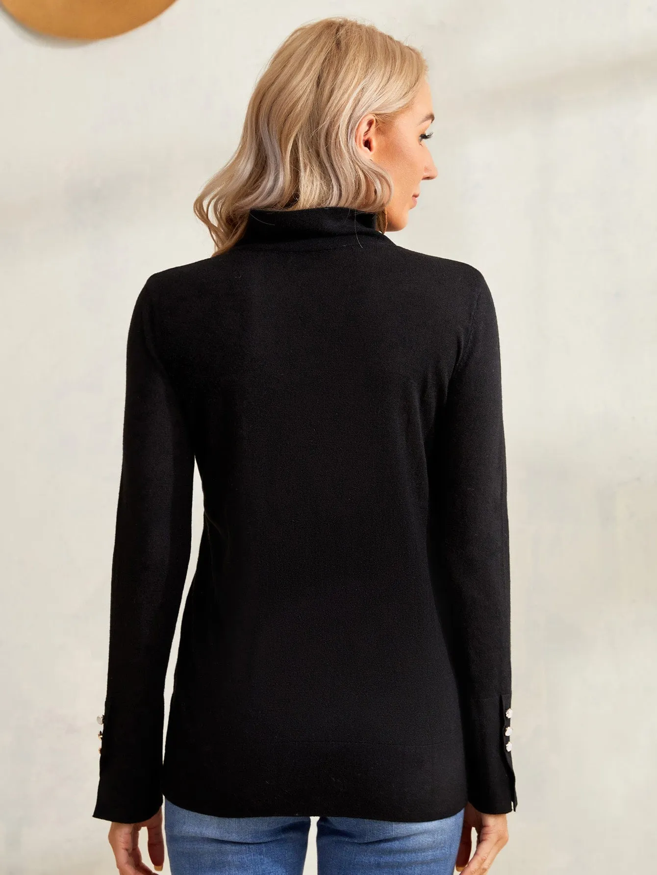 Elegant Plain Button Long Sleeve High Neck Regular Women Sweater