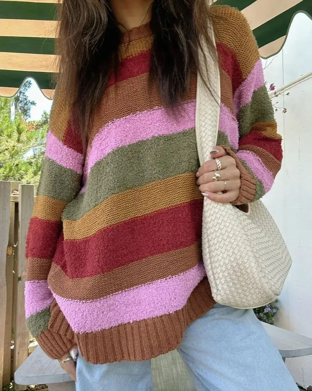 Elegant Sweet Colorful Striped Loose Knitted Women Casual O Neck Long Sleeve Sweater