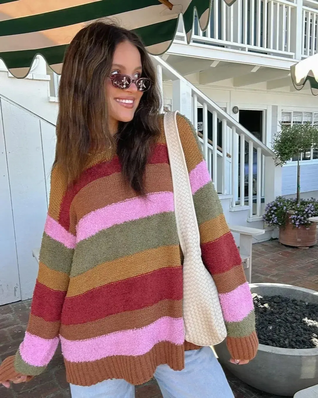 Elegant Sweet Colorful Striped Loose Knitted Women Casual O Neck Long Sleeve Sweater