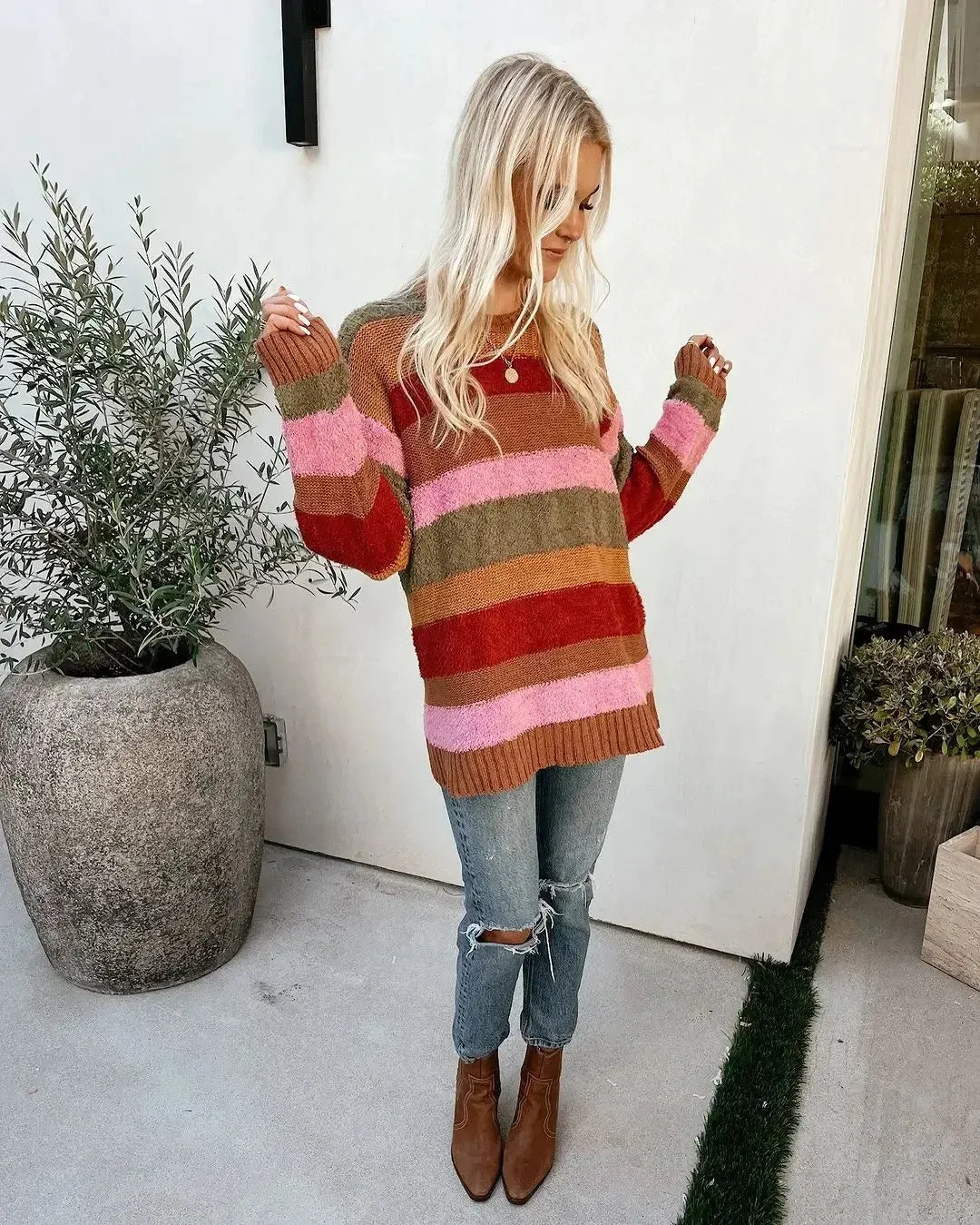 Elegant Sweet Colorful Striped Loose Knitted Women Casual O Neck Long Sleeve Sweater