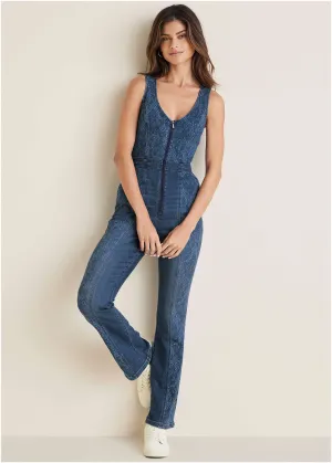 Lace Print Denim Jumpsuit - Medium Wash