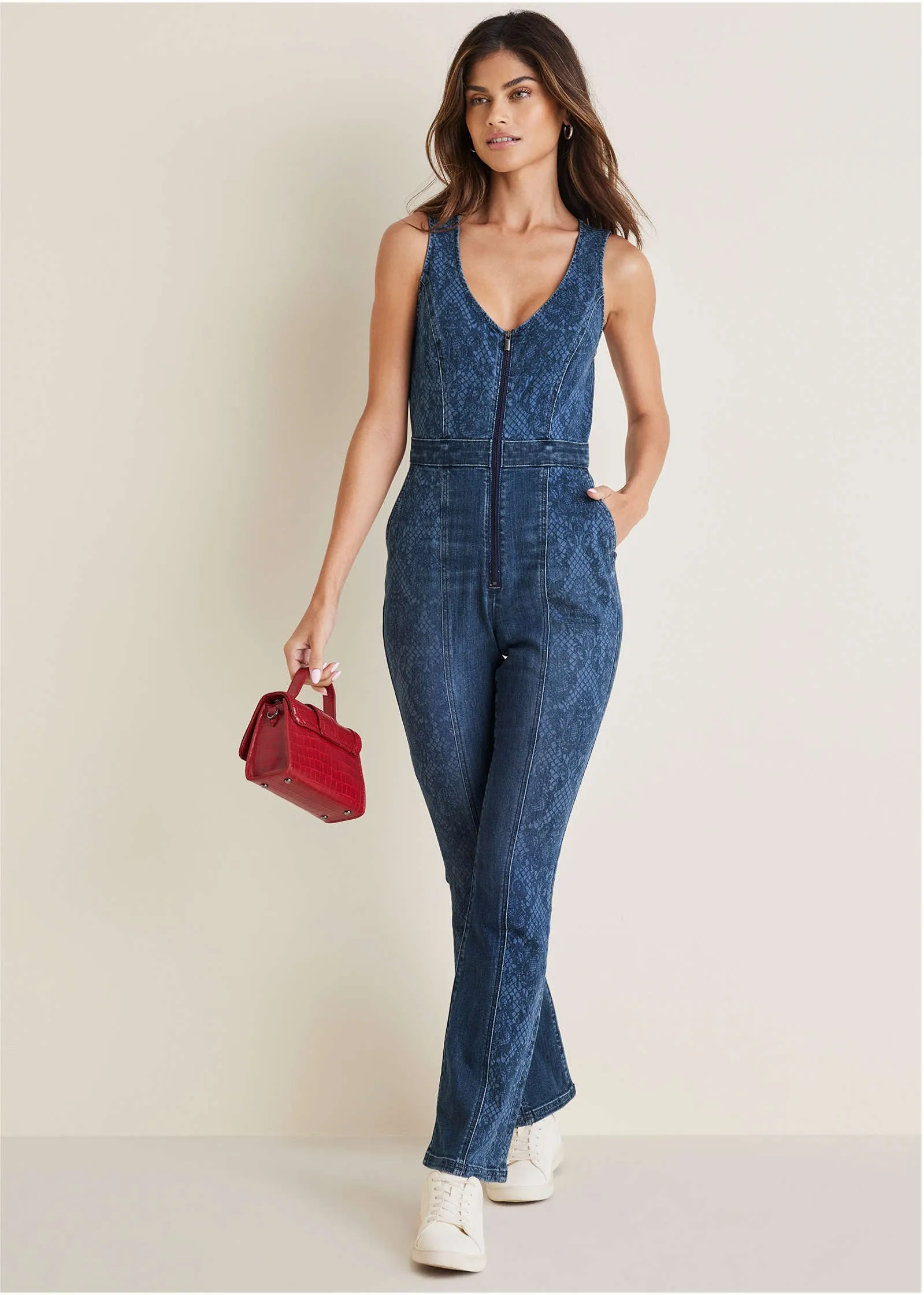 Lace Print Denim Jumpsuit - Medium Wash