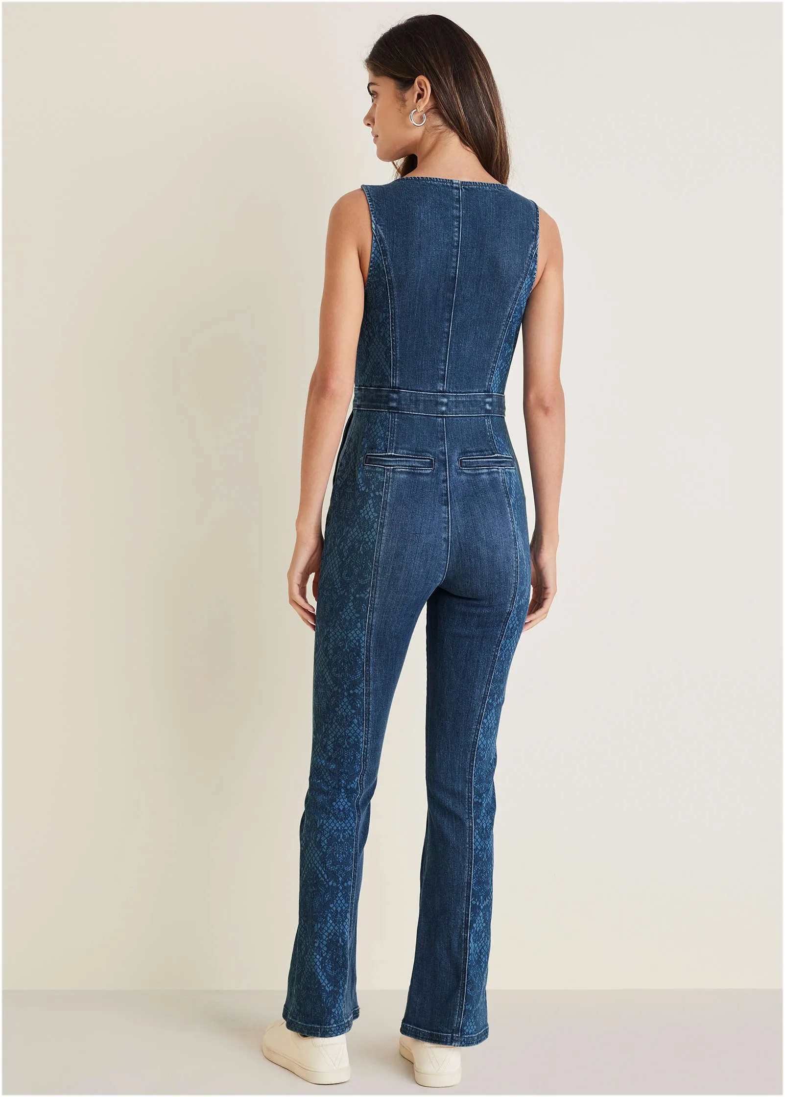 Lace Print Denim Jumpsuit - Medium Wash