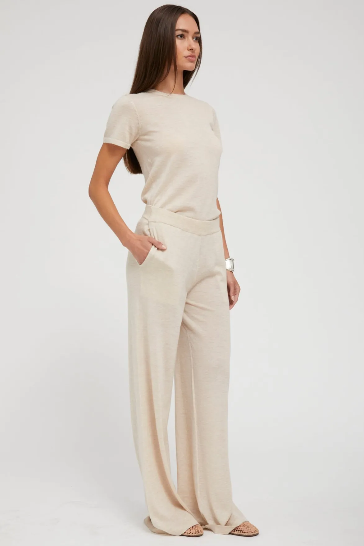 Latte Ultra Fine Cashmere Wide Leg Pants