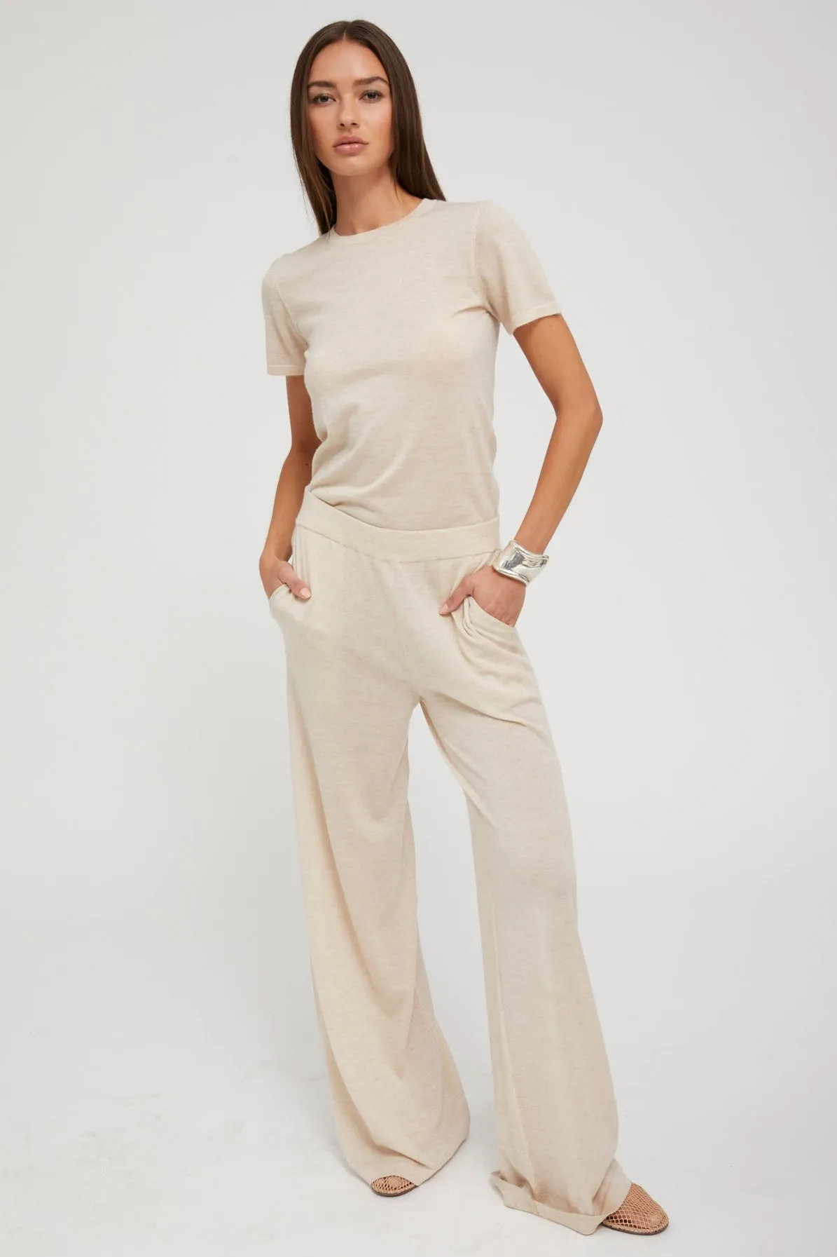 Latte Ultra Fine Cashmere Wide Leg Pants