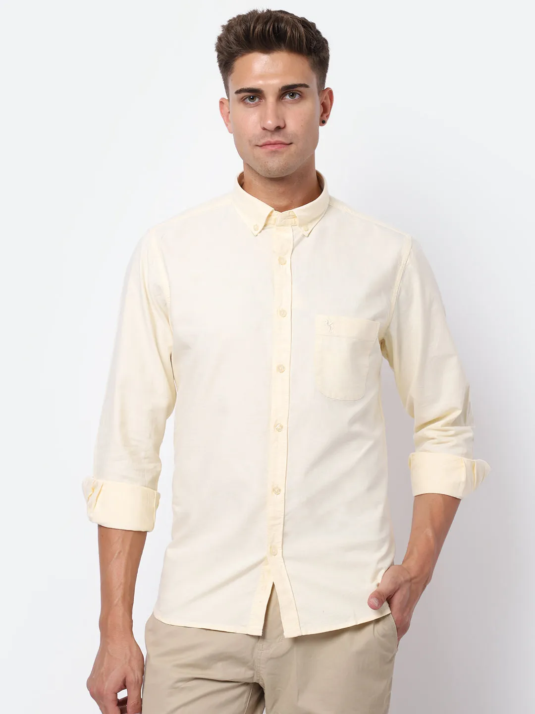 Men's Light Yellow Casual Plain Full Sleeve Shirt