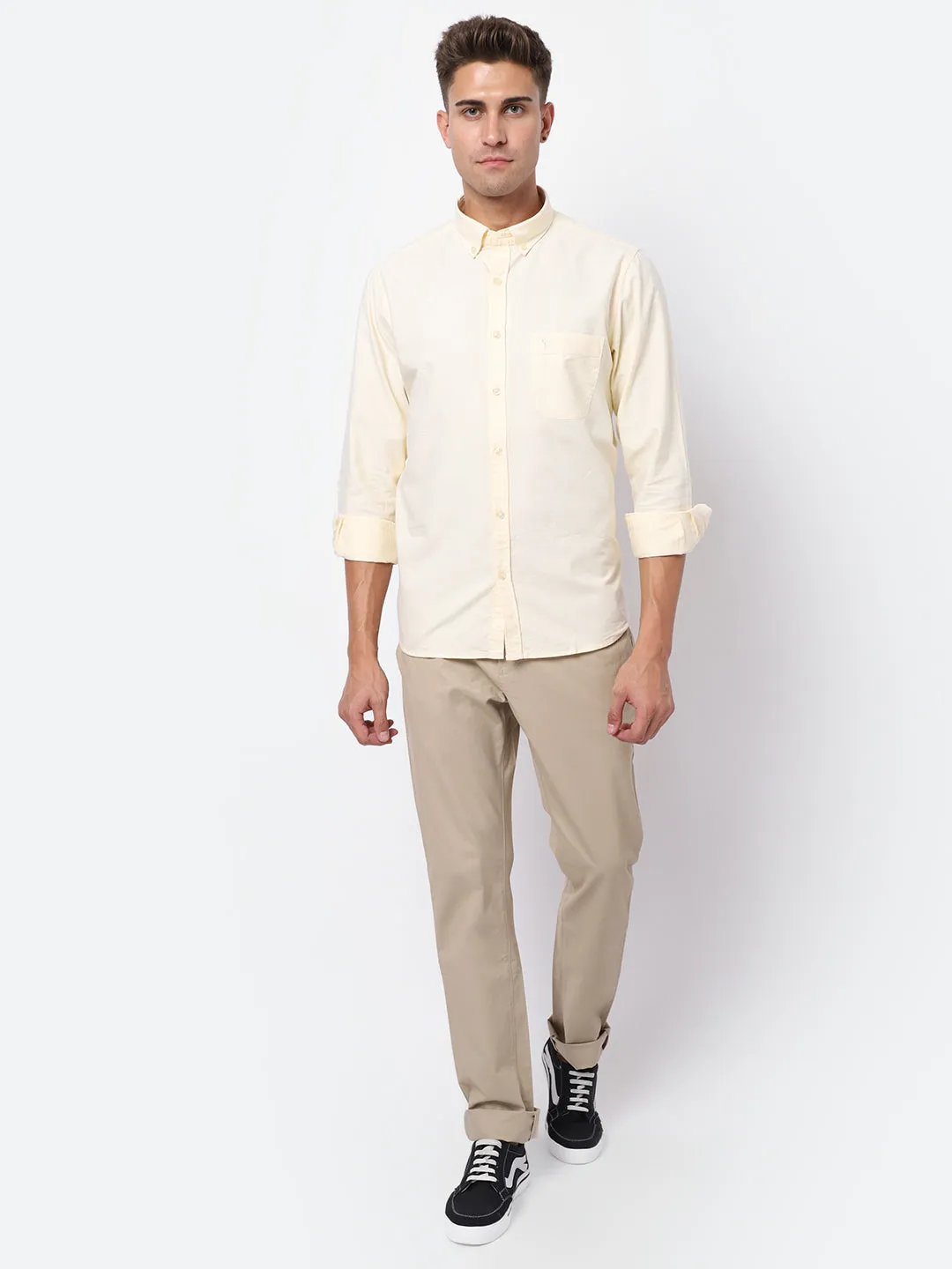 Men's Light Yellow Casual Plain Full Sleeve Shirt