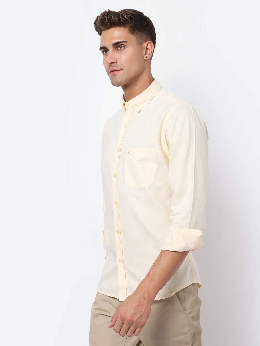 Men's Light Yellow Casual Plain Full Sleeve Shirt