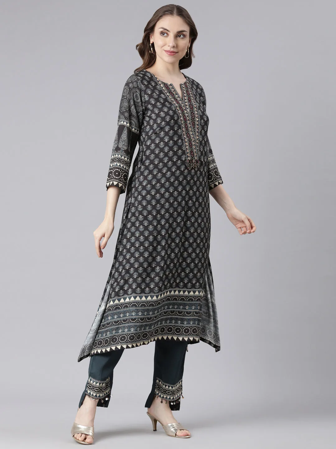 Neerus Black Santoon High-Low Casual Floral Kurta and Trouser with Dupatta