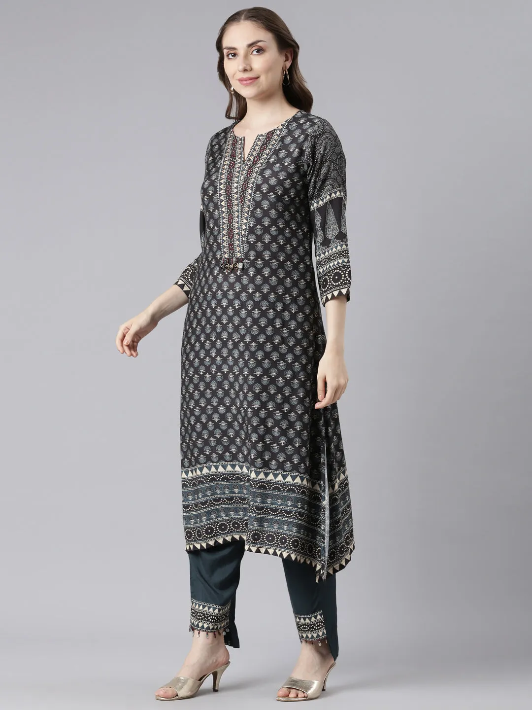 Neerus Black Santoon High-Low Casual Floral Kurta and Trouser with Dupatta