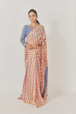 Peach Shevron Saree   Hand Embroidered Gray Full Sleevs Blouse