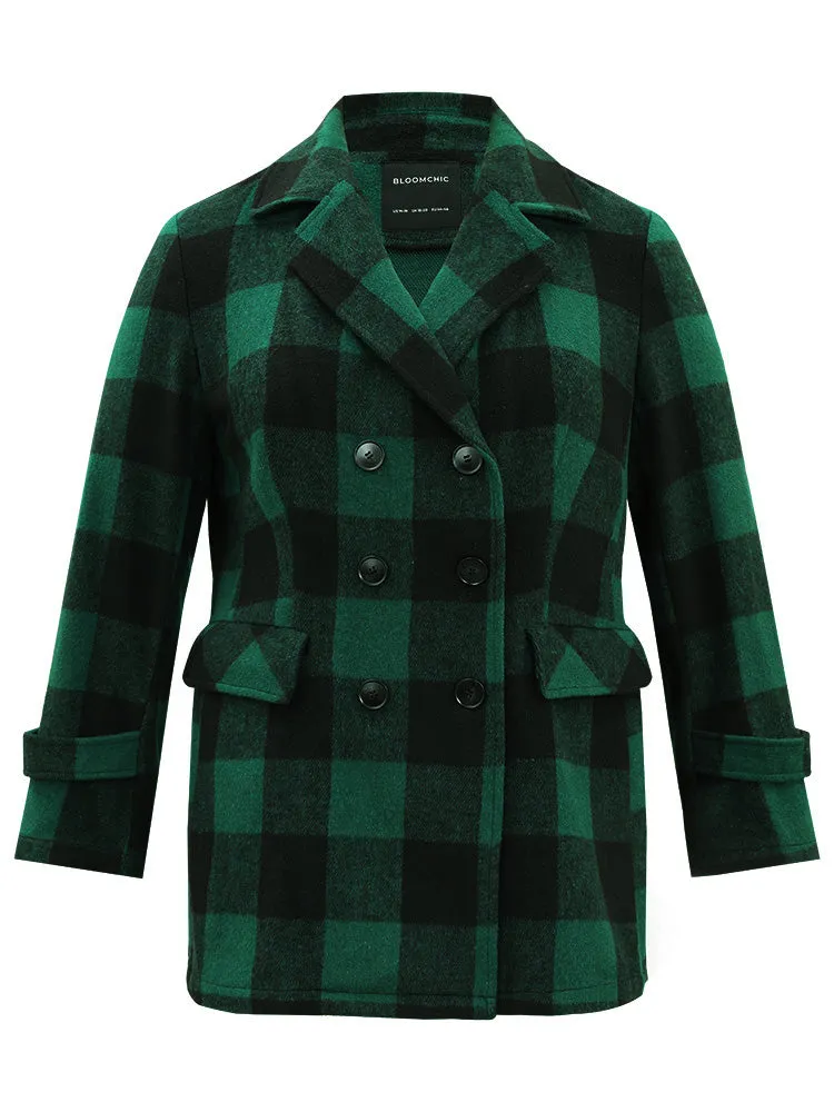 Plaid Lapel Collar Flap Detail Double Breasted Coat