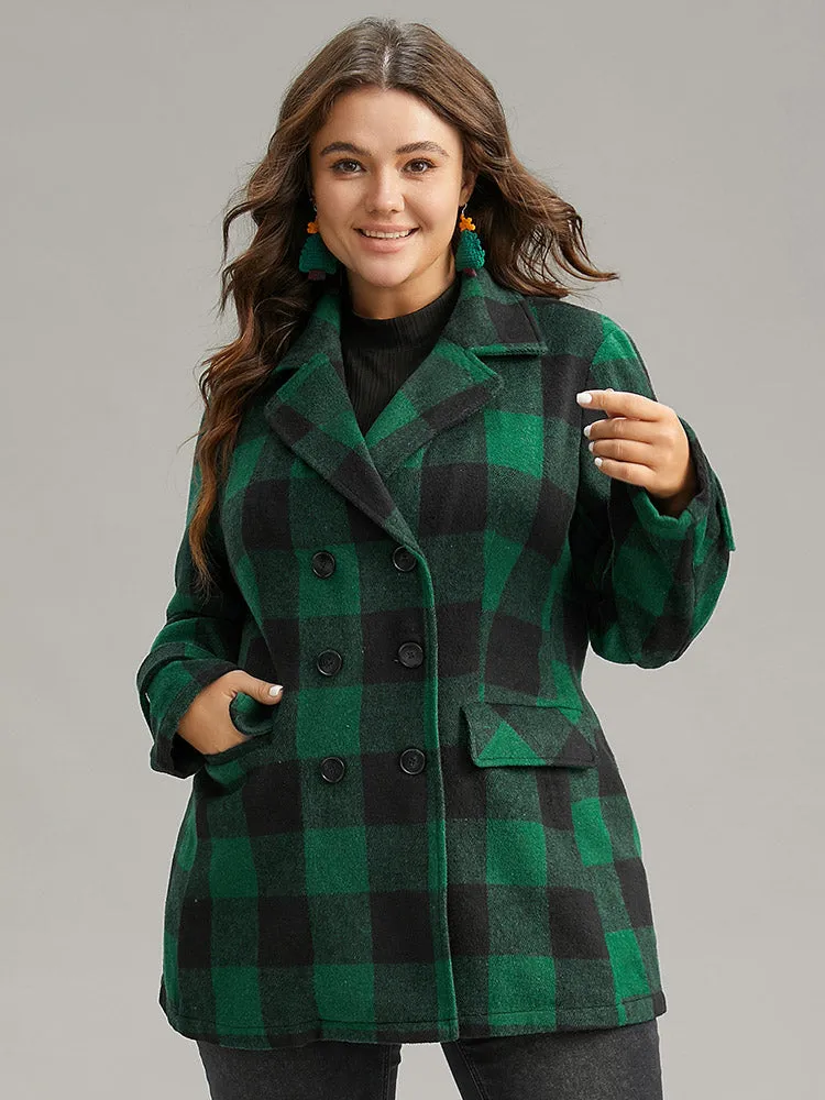 Plaid Lapel Collar Flap Detail Double Breasted Coat