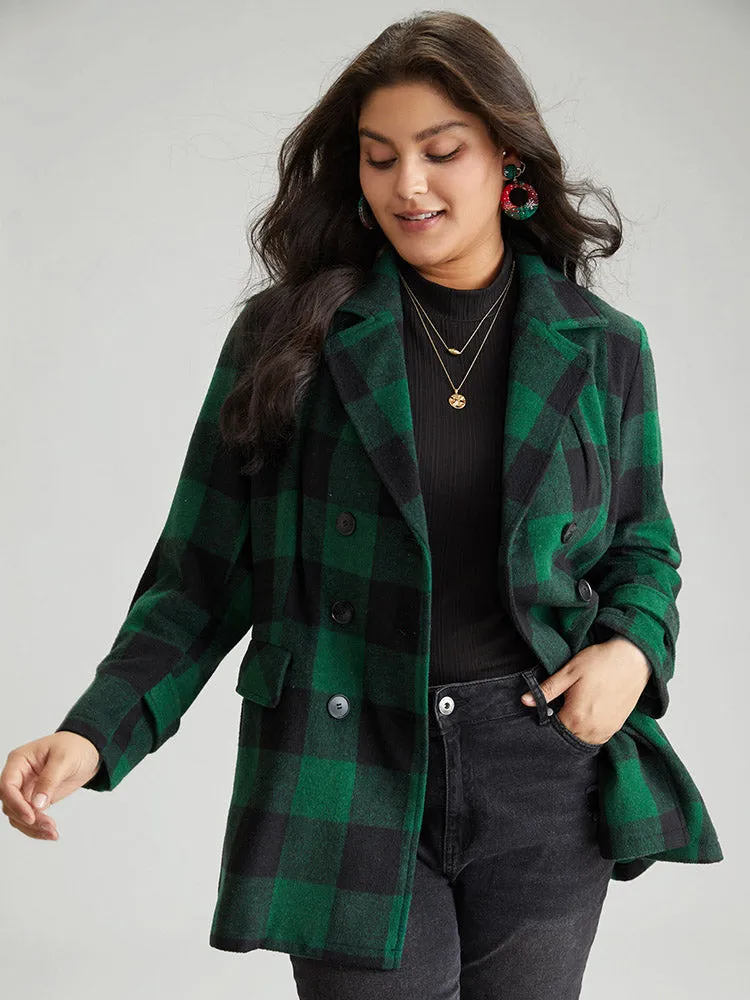 Plaid Lapel Collar Flap Detail Double Breasted Coat