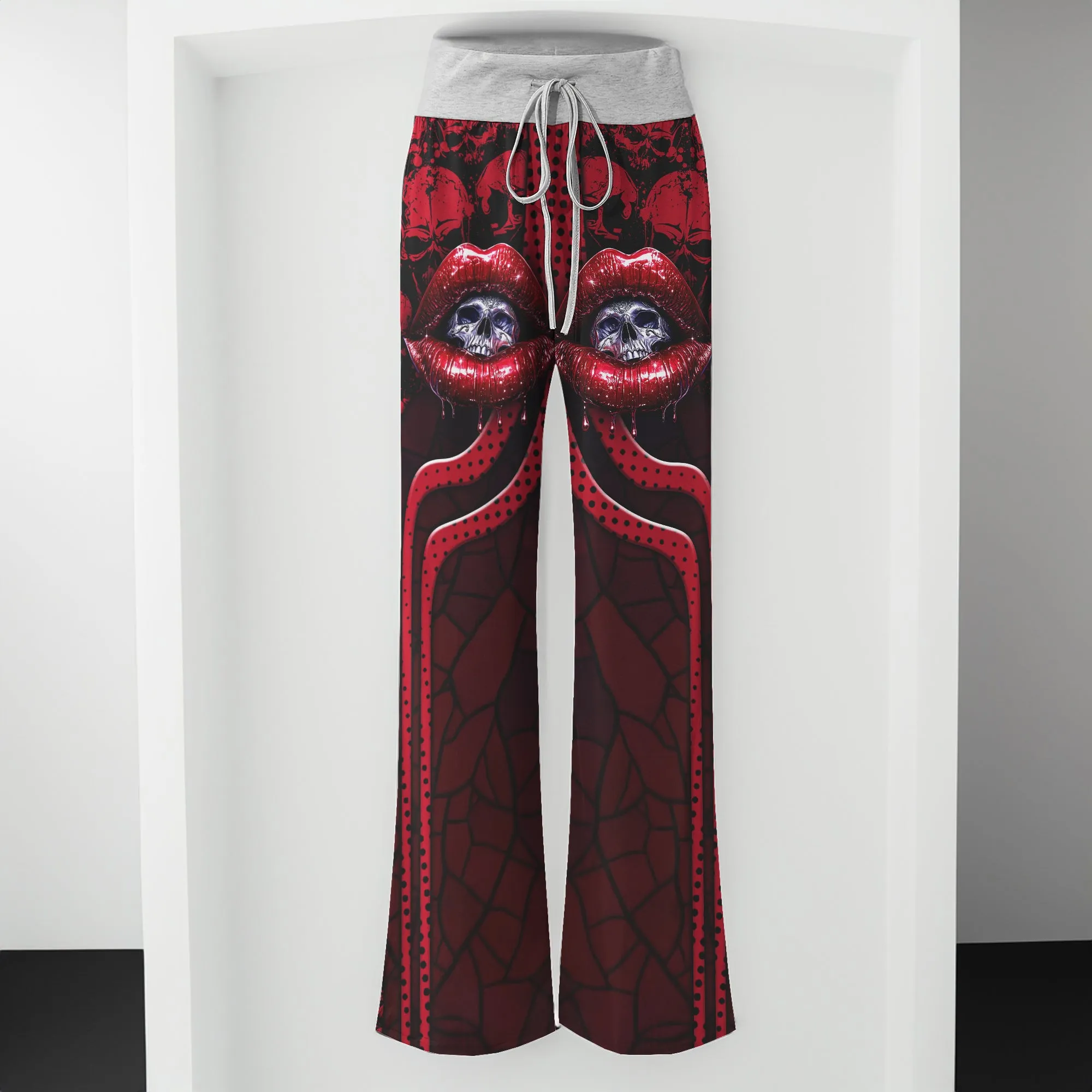 Red Skull Lip Pattern Women's High-waisted Wide Leg Pants