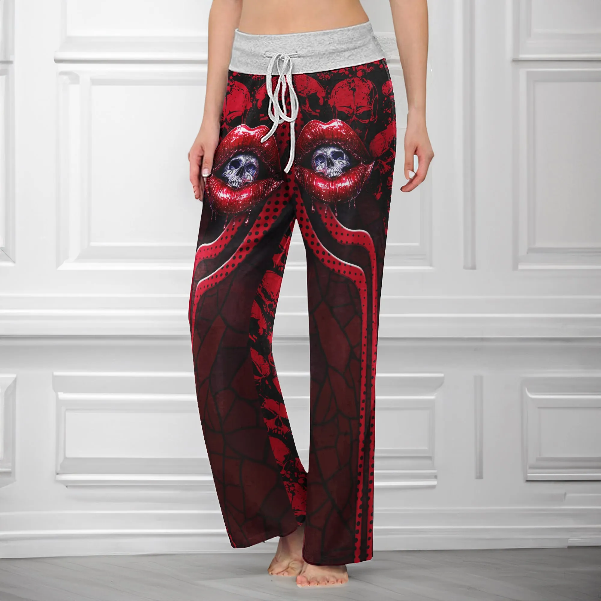 Red Skull Lip Pattern Women's High-waisted Wide Leg Pants