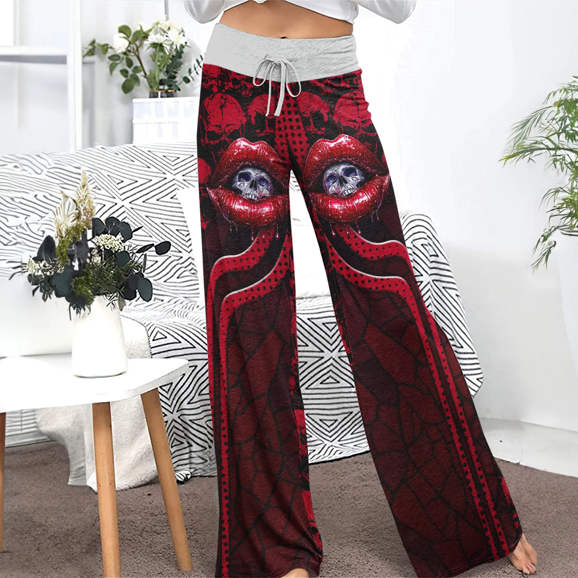 Red Skull Lip Pattern Women's High-waisted Wide Leg Pants