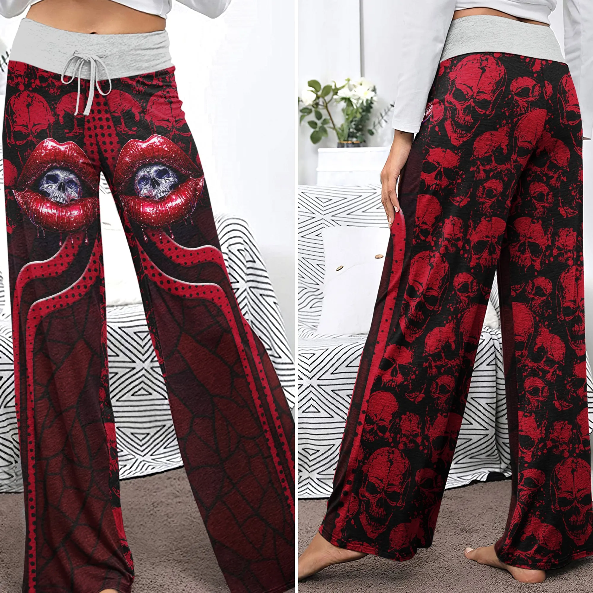 Red Skull Lip Pattern Women's High-waisted Wide Leg Pants