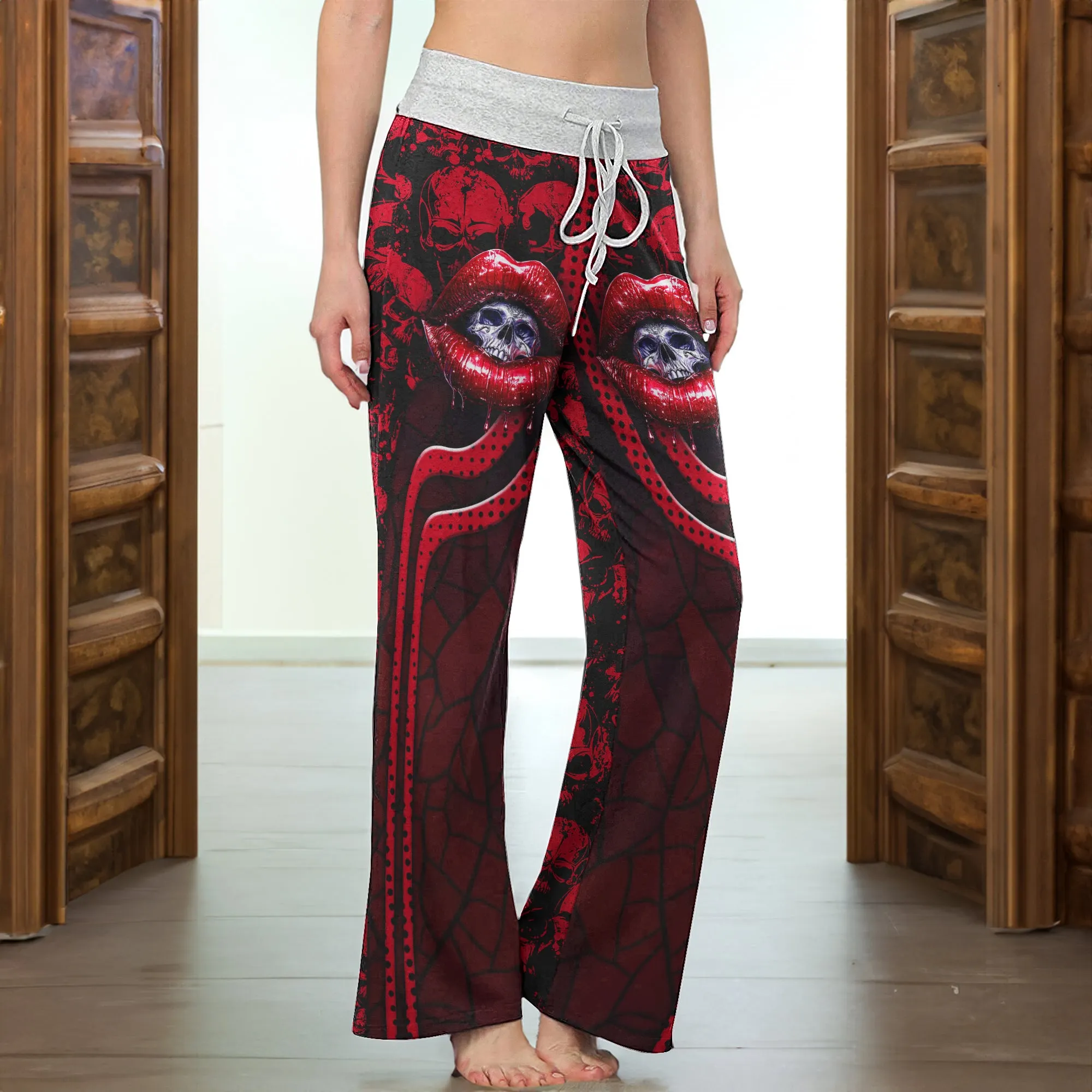 Red Skull Lip Pattern Women's High-waisted Wide Leg Pants