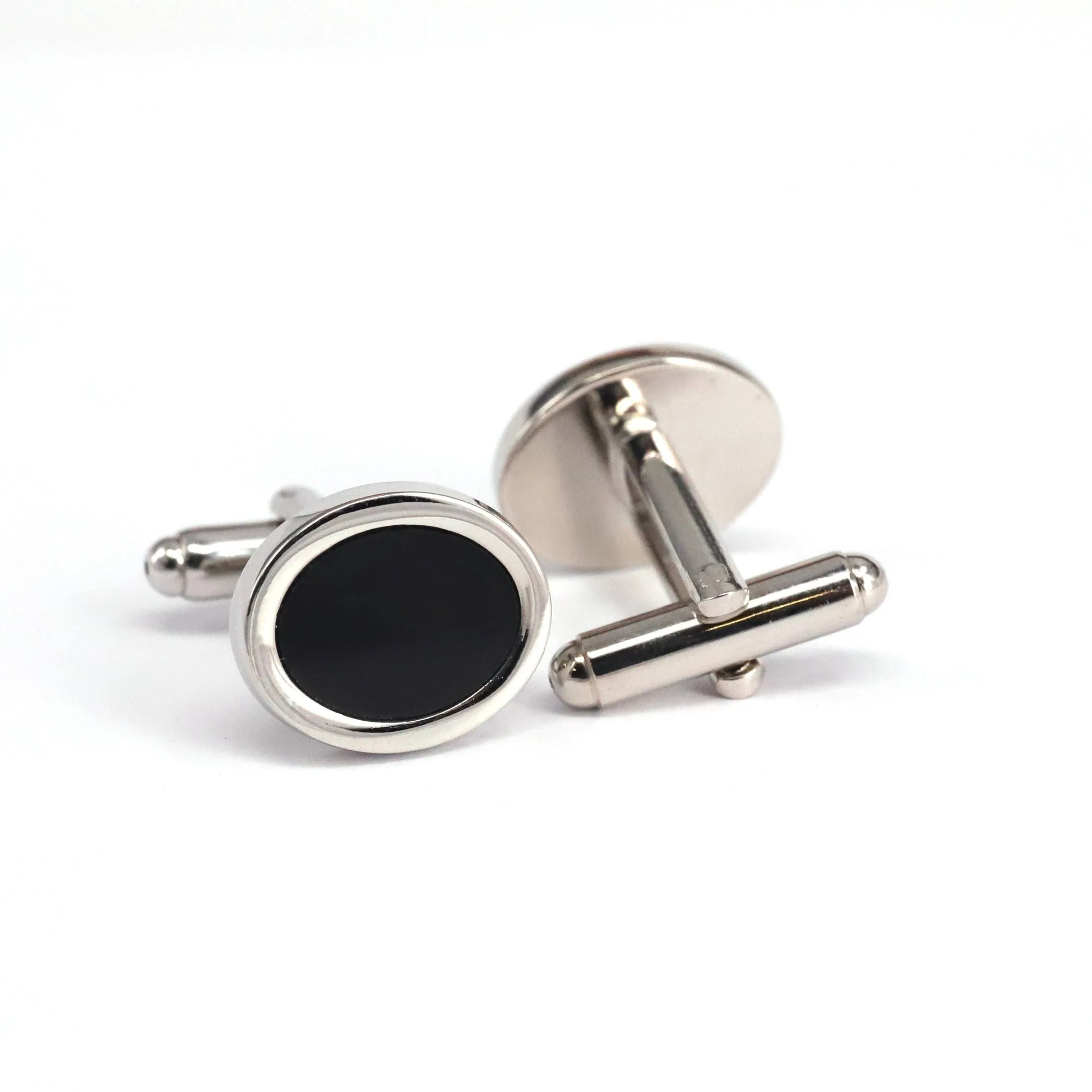 Silver Oval Cufflinks with Black Enamel A