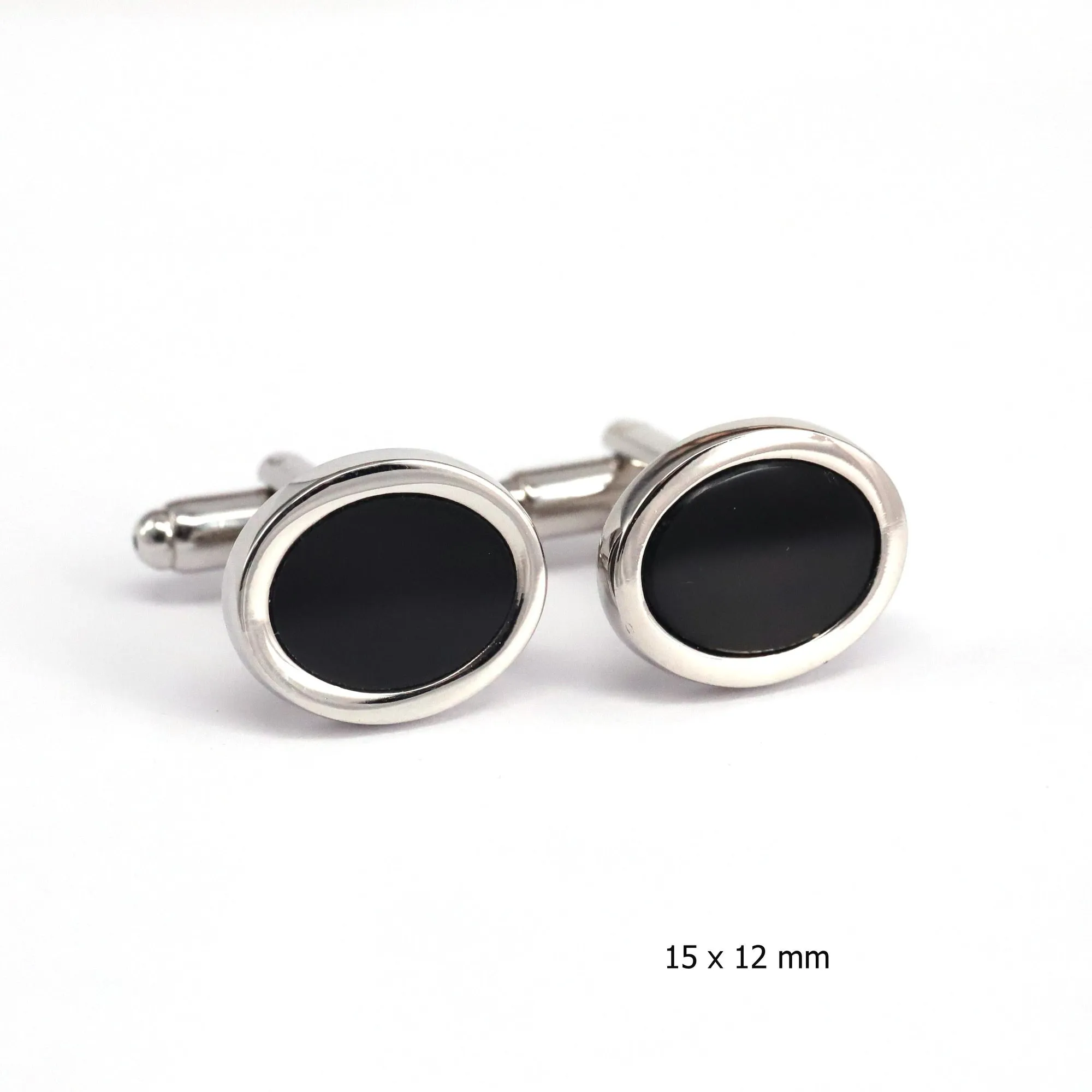 Silver Oval Cufflinks with Black Enamel A