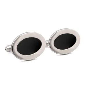 Silver Oval Cufflinks with Black Enamel A