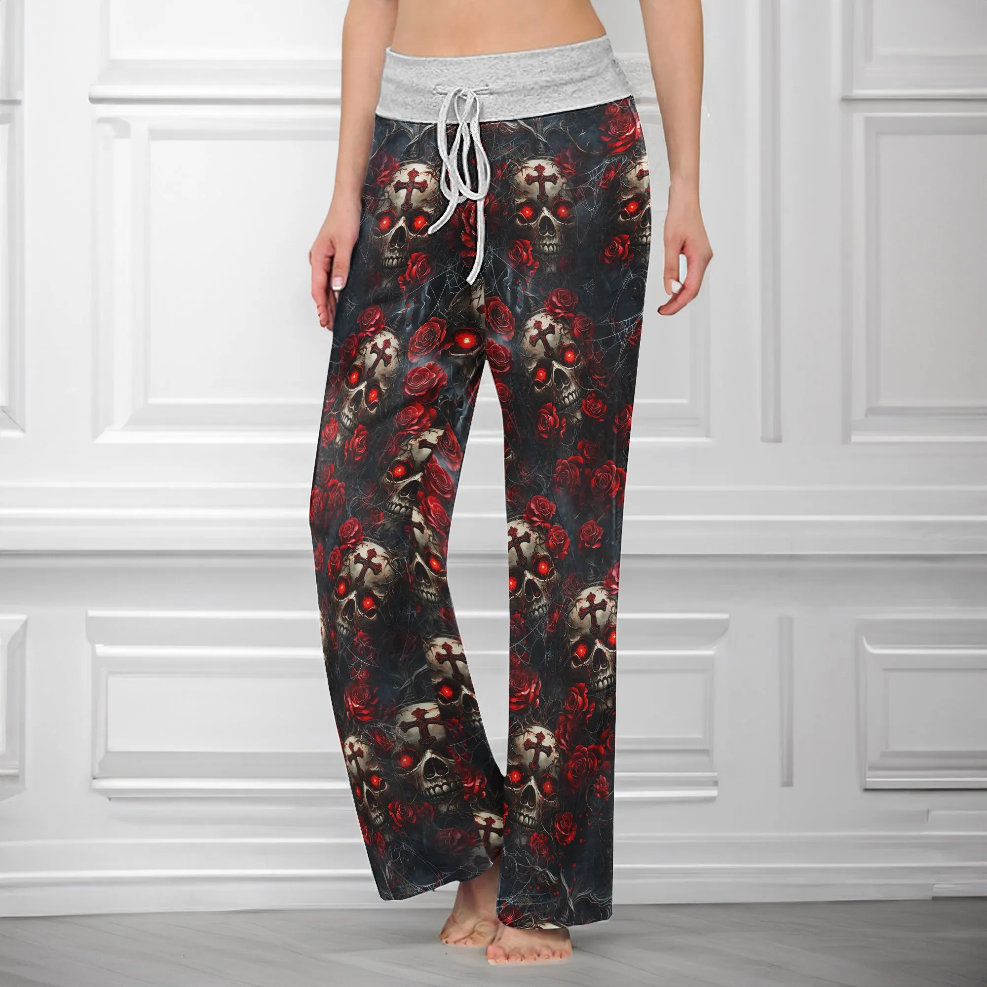 Skull Rose Gothic Pattern Women's High-waisted Wide Leg Pants