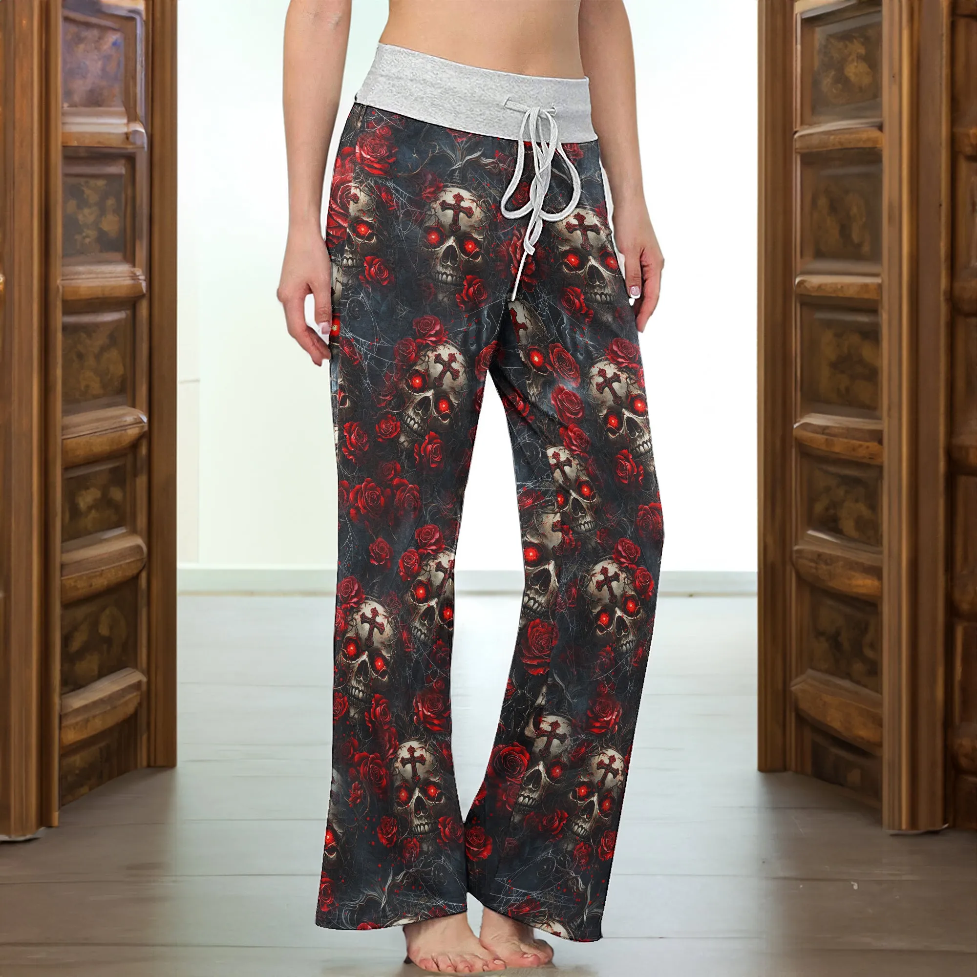 Skull Rose Gothic Pattern Women's High-waisted Wide Leg Pants