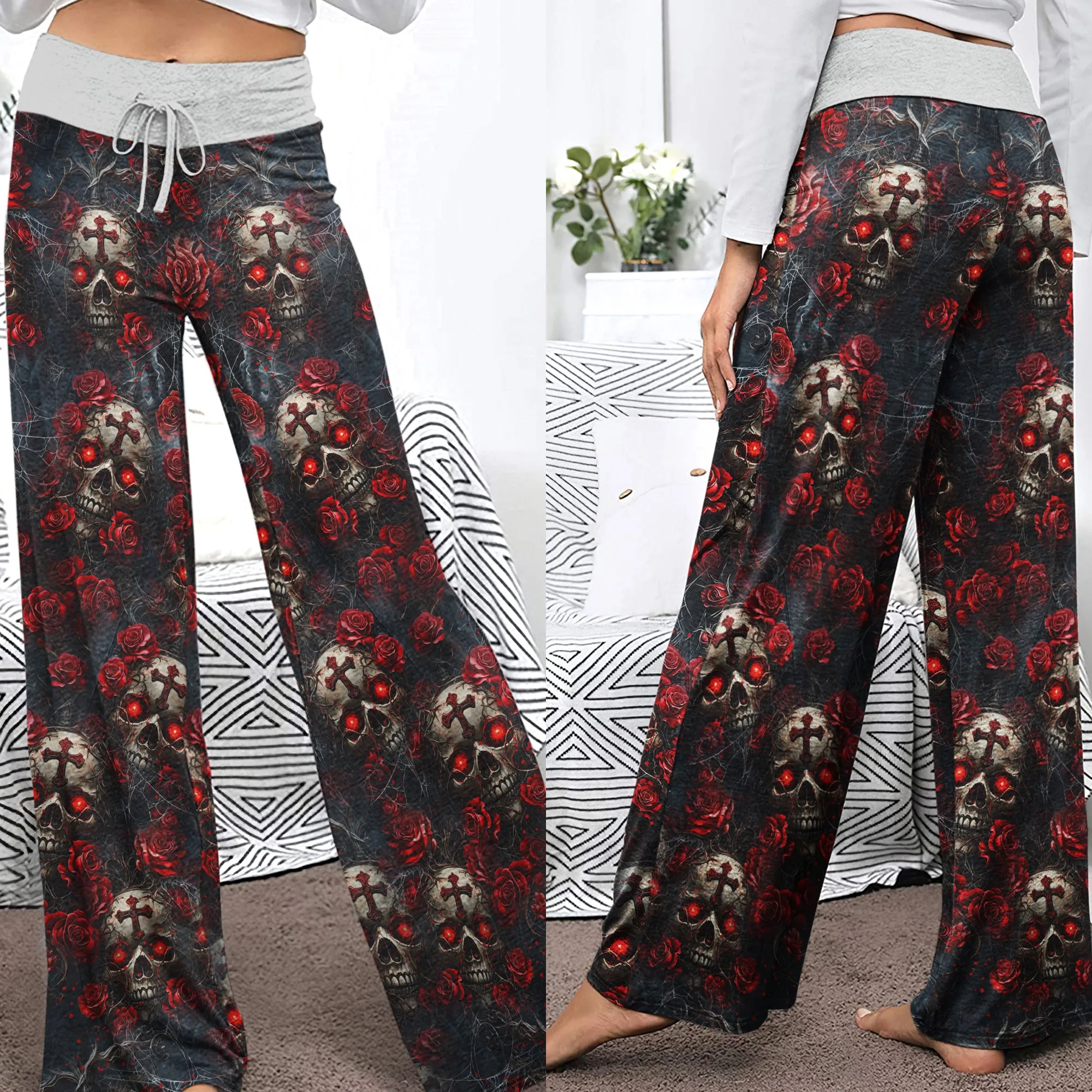 Skull Rose Gothic Pattern Women's High-waisted Wide Leg Pants