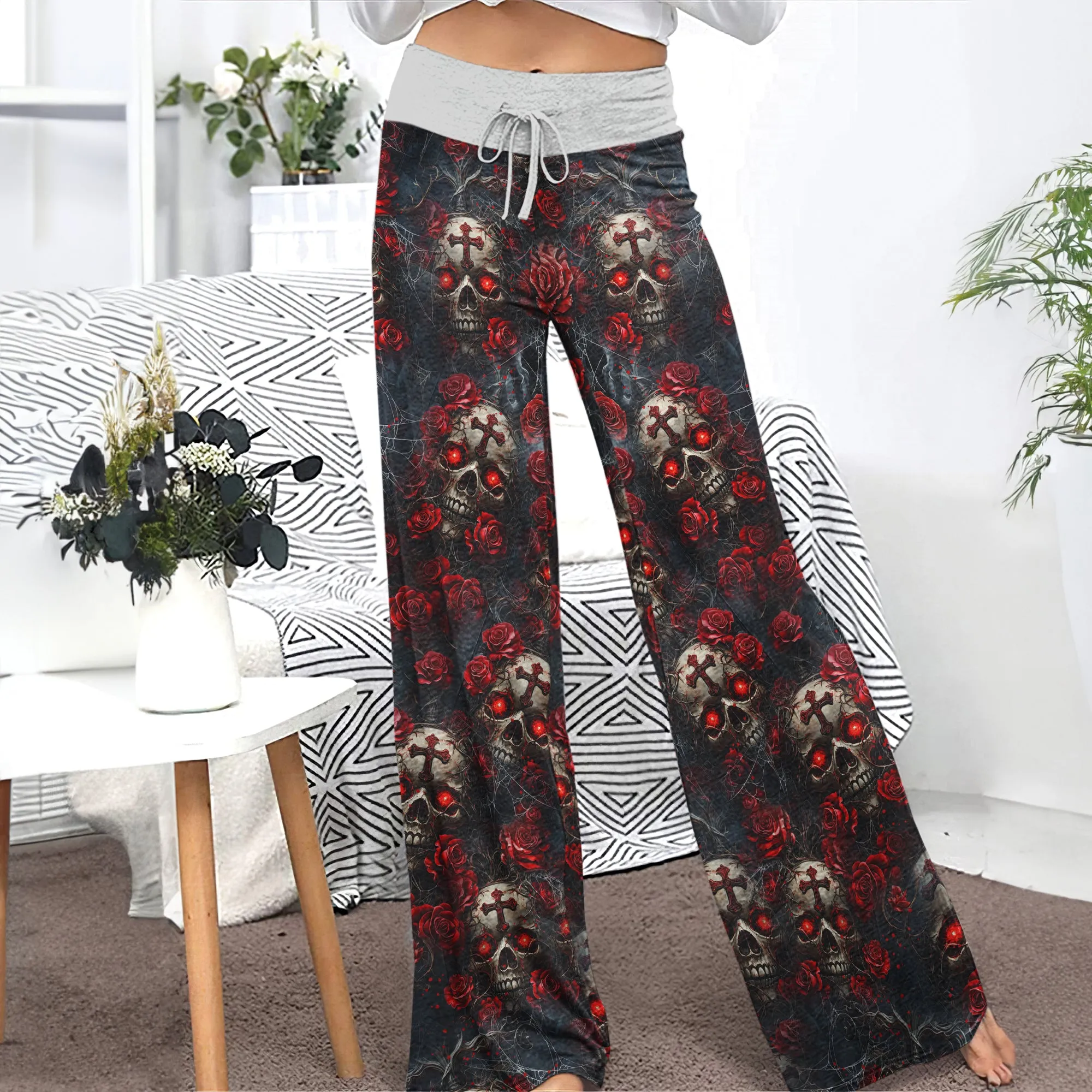 Skull Rose Gothic Pattern Women's High-waisted Wide Leg Pants